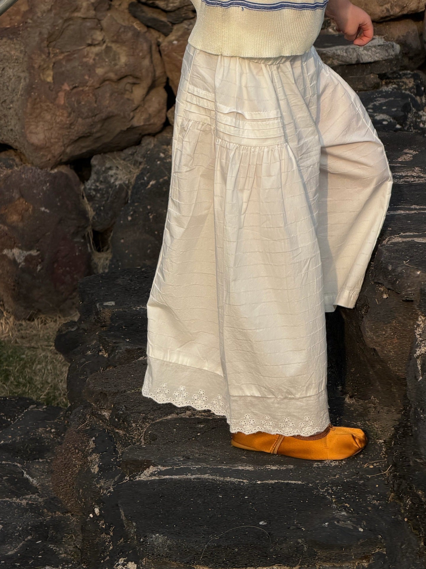 Lace Hem Cotton Wide Pants レース刺繍 ロングパンツ【mh0013399】
