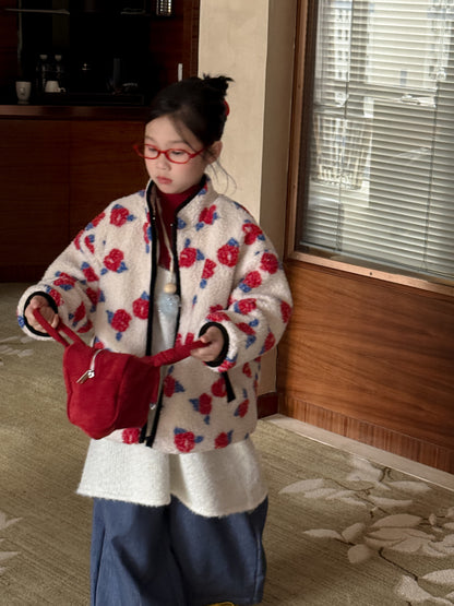 ボアジャケット キッズ フラワープリント 厚手 スタンドカラー カジュアル ジップアウター【mh0011686】