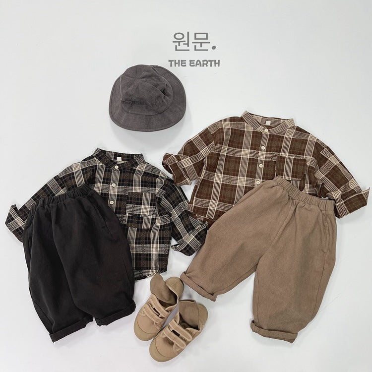 キッズ チェック バンドカラー ルーズ 長袖シャツ【mh0013930】
