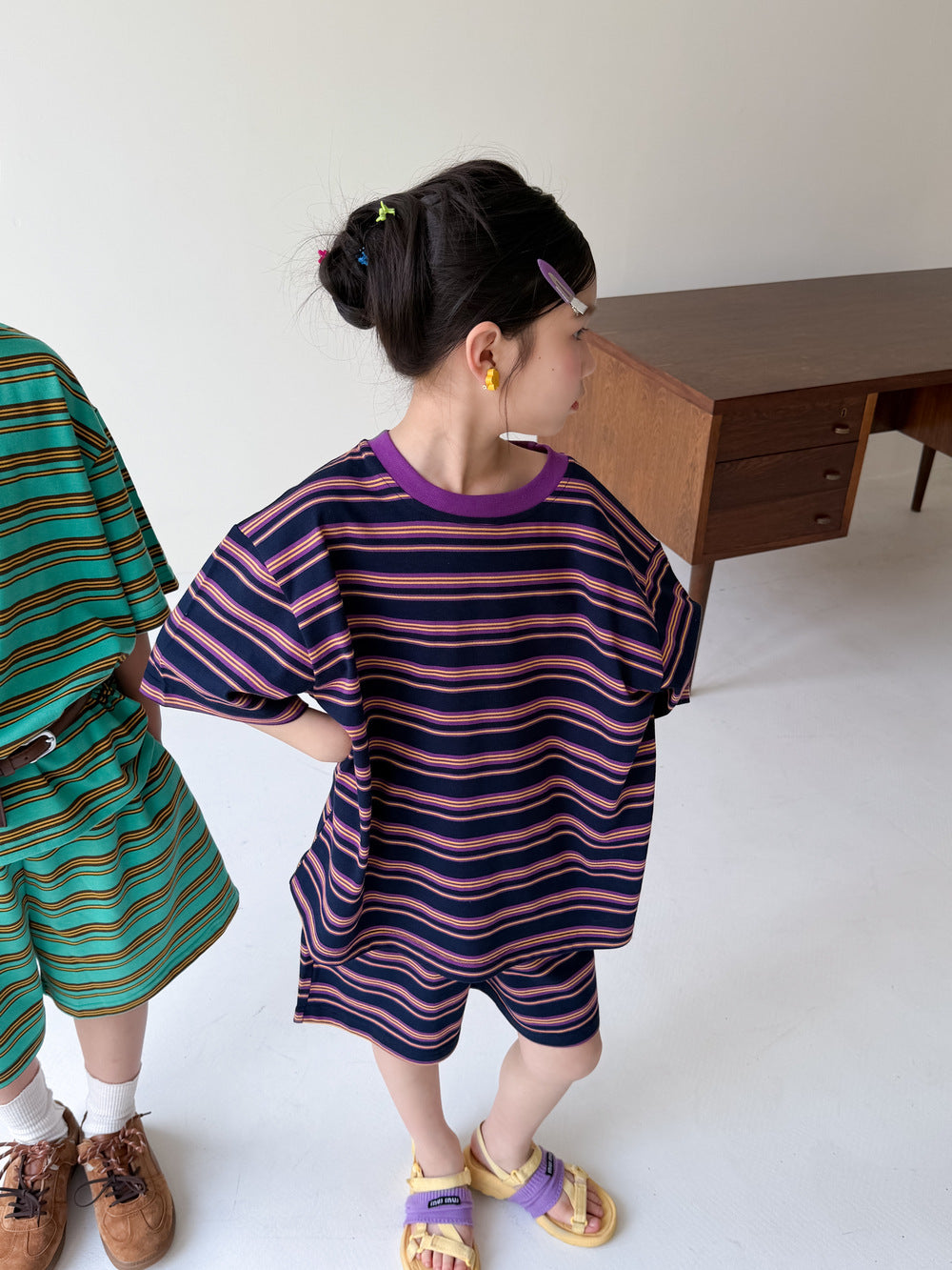 Multi Stripe Drop Shoulder Loose Set マルチボーダー 半袖Tシャツ ハーフパンツ セット【mh0013521】