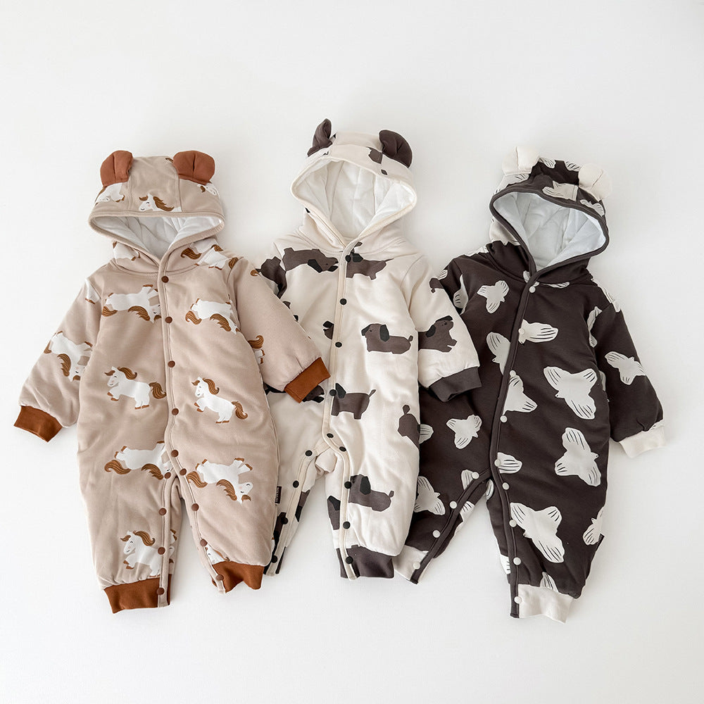 アウタージャンプスーツ 耳付きフーディ 中綿 厚手 プリント【mh0011695】