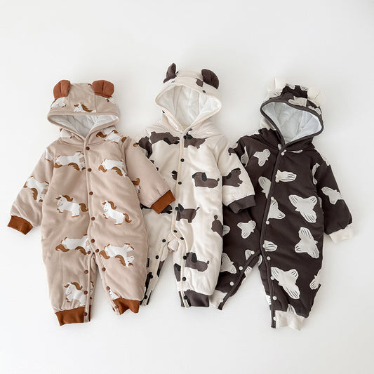 アウタージャンプスーツ 耳付きフーディ 中綿 厚手 プリント【mh0011695】