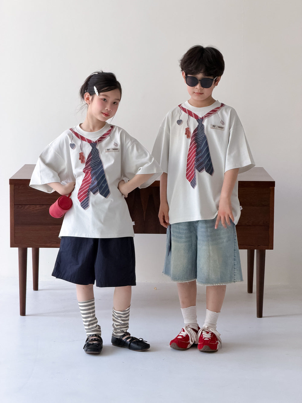 Faux Tie Printed Loose Tee ネクタイ 半袖Tシャツ【mh0013533】