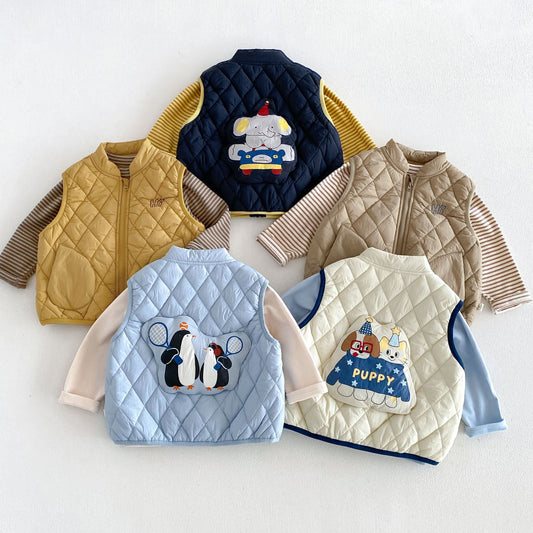 ベビー キッズ アニマル アップリケ キルティング 中綿ベスト / 長袖Tシャツ / デニムパンツ【mh0014766】