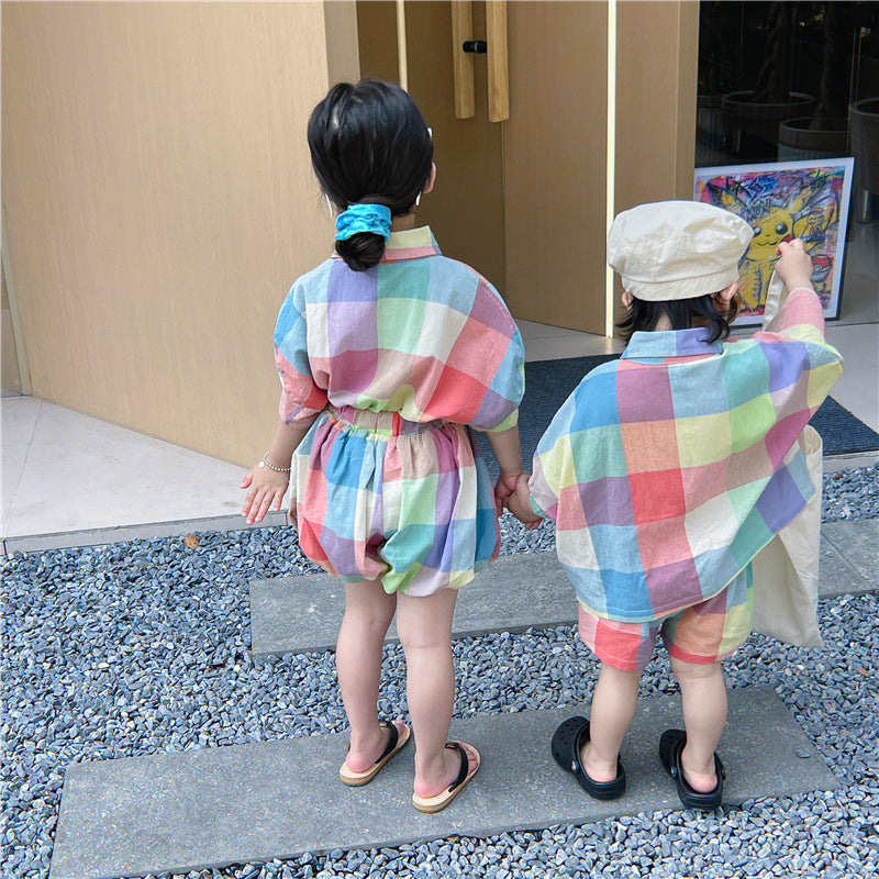 Kids' Checkered Short-Sleeved Shirt, Shorts, and Balloon Pants Set [mh0001742]