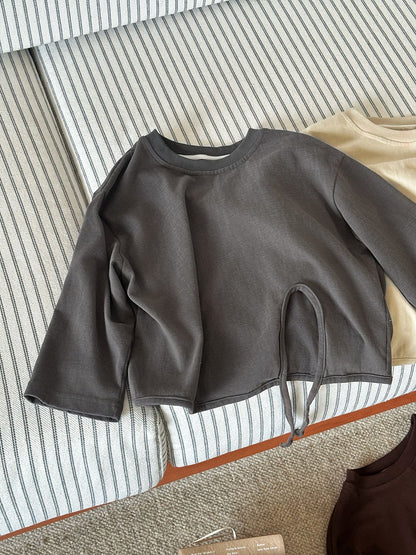 キッズ用長袖Tシャツ 裾ドローストリング付き ルーズクルーネック（チャコールグレー）