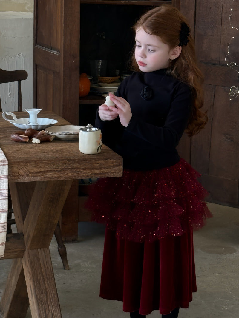 ハイネック長袖Tシャツ/ベルベッドメッシュドッキングスカート【mh0011888】