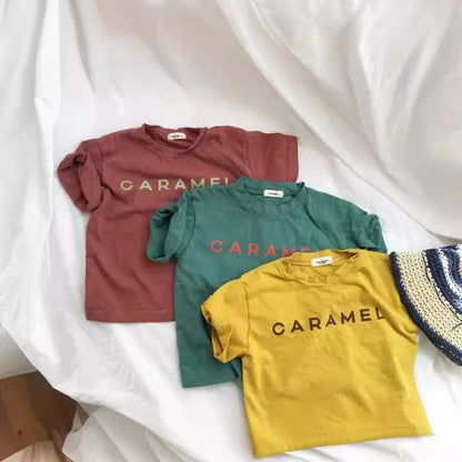 キッズ ルーズ半袖Tシャツ（ボルドー、グリーン、イエロー）英字ロゴプリント