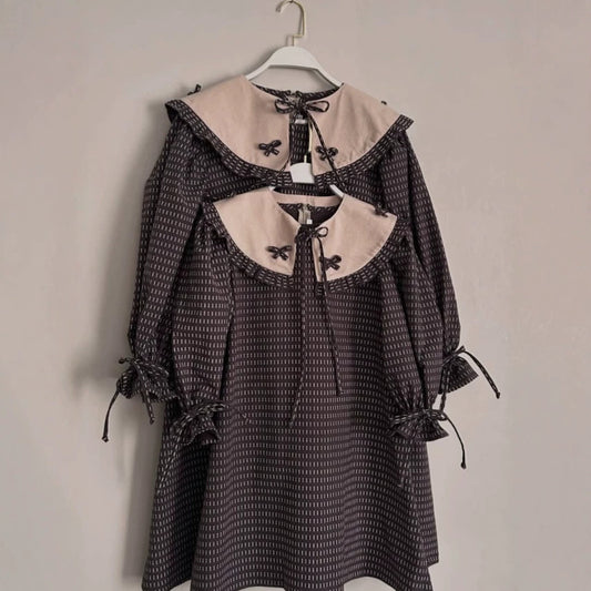 Kids' Geometric Pattern Ribbon Big Collar Long-Sleeve Dress 【mh0014754】