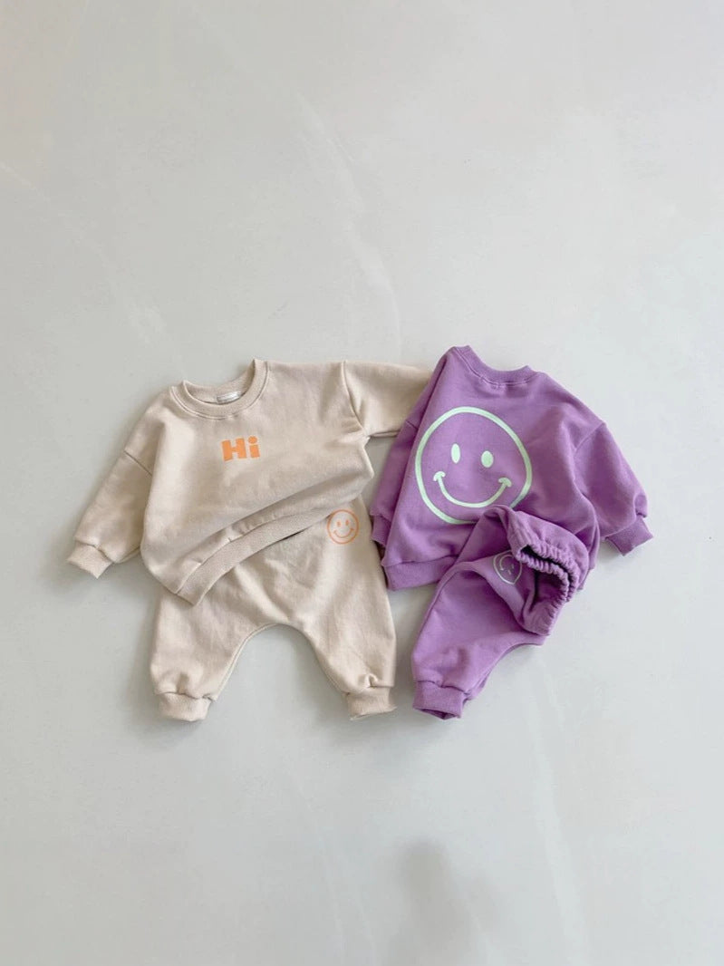 Conjunto de sudadera de manga larga con estampado de sonrisa y pantalón largo para bebé y niños 【mh0014642】