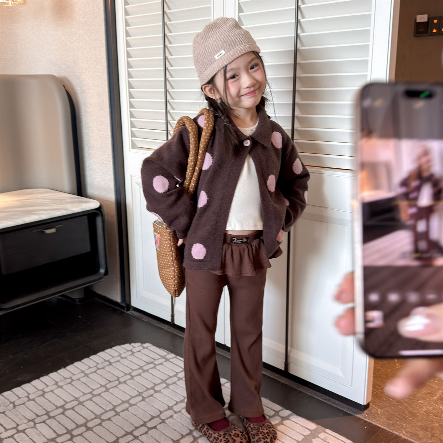 Kids' Polka Dot Collared Button-Up Long-Sleeve Knit Cardigan [mh0014056]