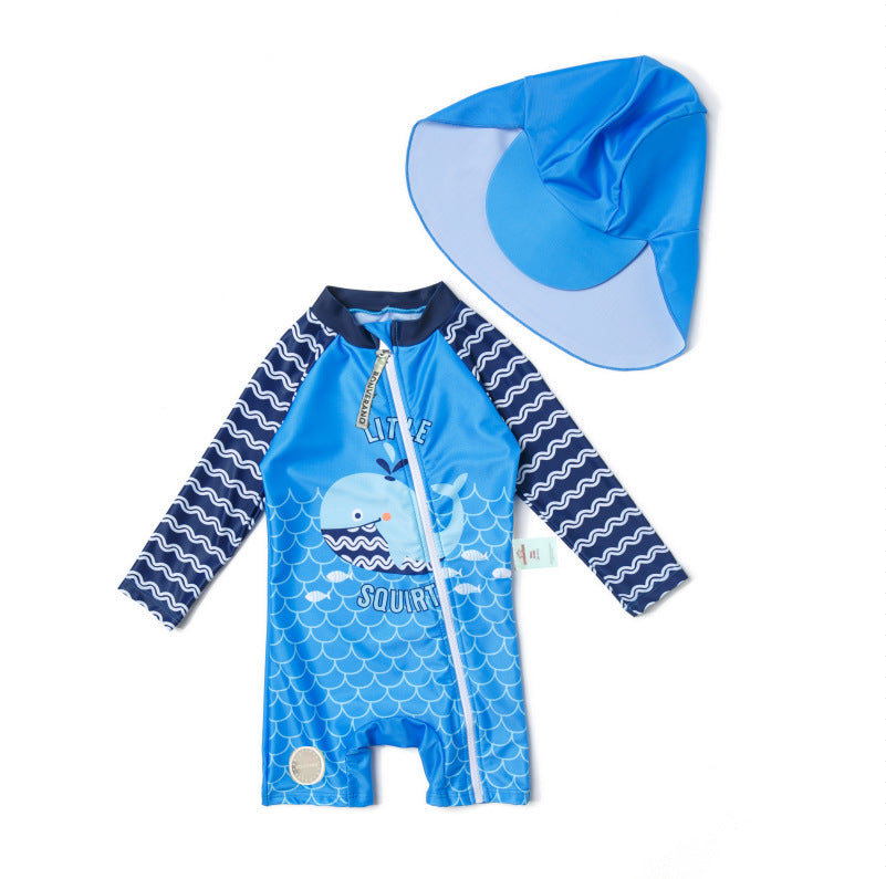 One-Piece Surf Wear With Matching Cap プリント 長袖水着 帽子セット【mh0013315】