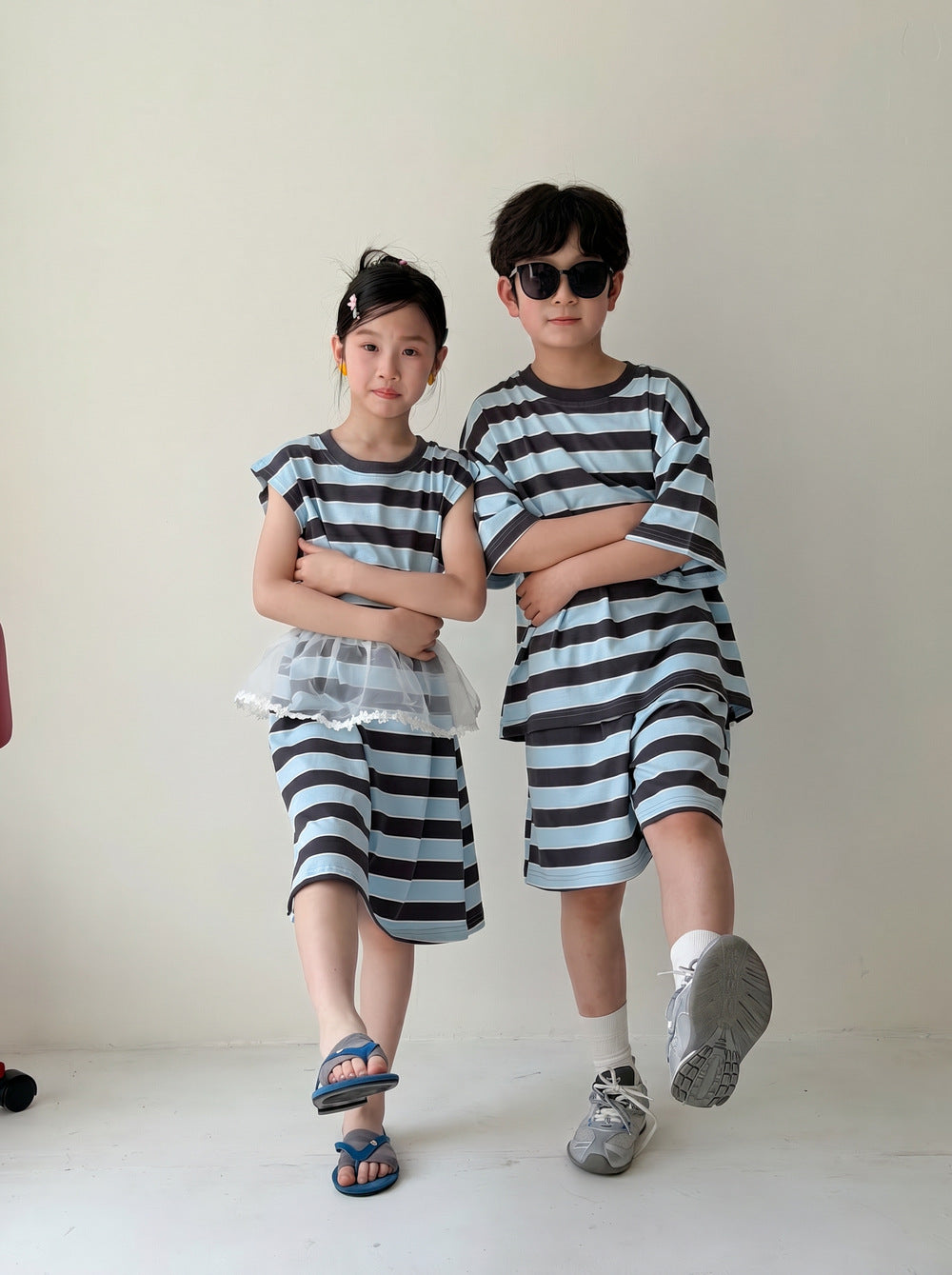 Casual Stripe Loose Dress Set ボーダー 半袖Tシャツ ハーフパンツ セット ノースリーブワンピース【mh0013537】