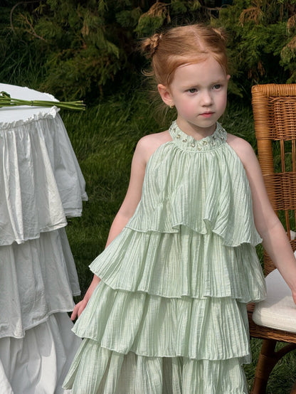 Pleated Ruffle Halter Princess Dress ティアード ノースリーブワンピース【mh0013250】