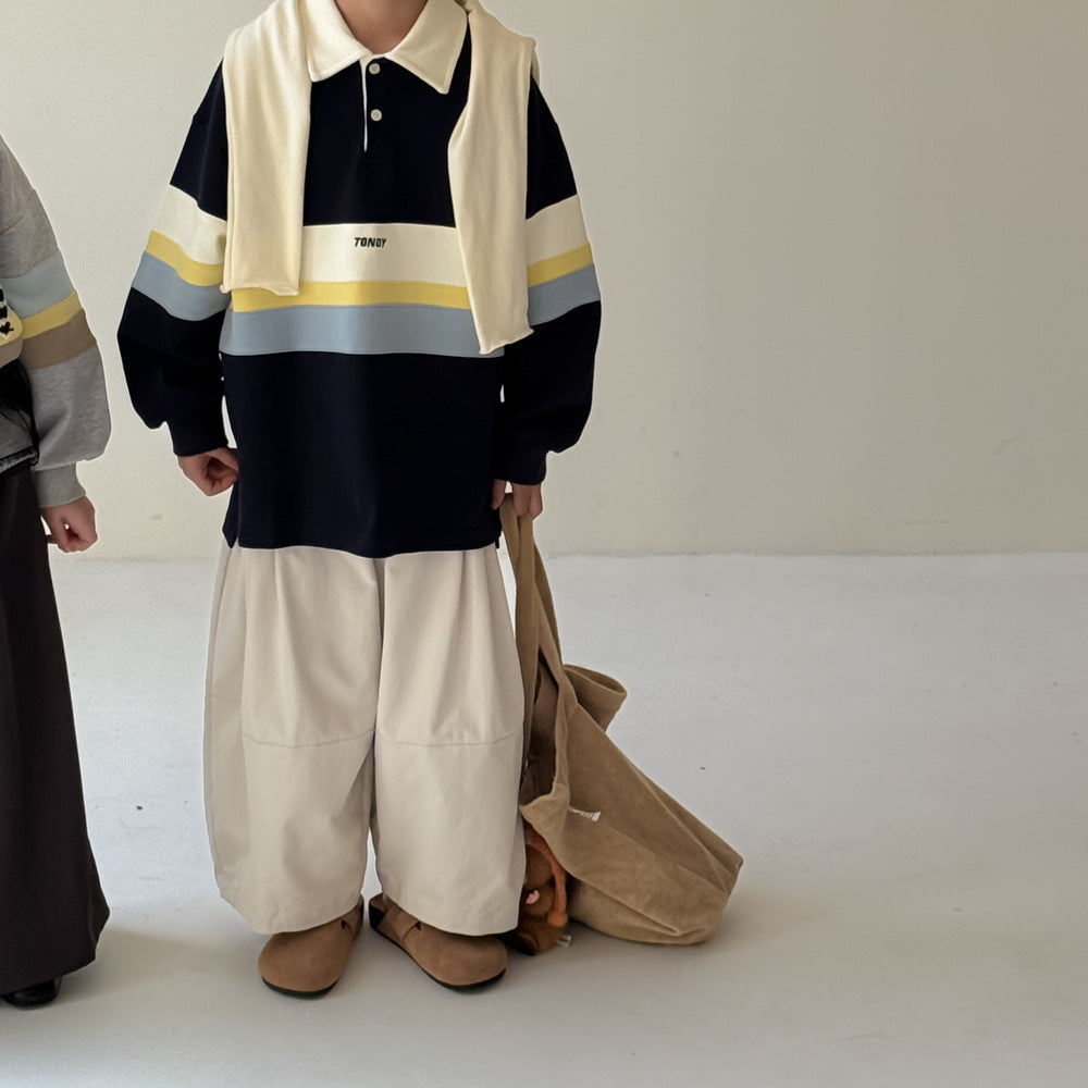 -ビッグボーダー長袖スウェットポロシャツ ロゴ刺繍入り襟付きトップス【mh0010779】 - mamahalo shop - 長袖シャツ・ブラウス -  べビー服 - 子供服 - 男の子 - 女の子