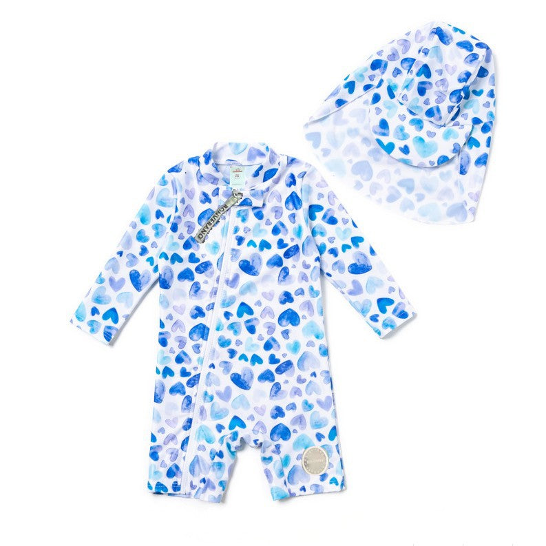 Long-sleeve Diagonal Zipper One-piece Beach Sun Protection Surf Suit ボタニカル 長袖水着 帽子セット【mh0013316】