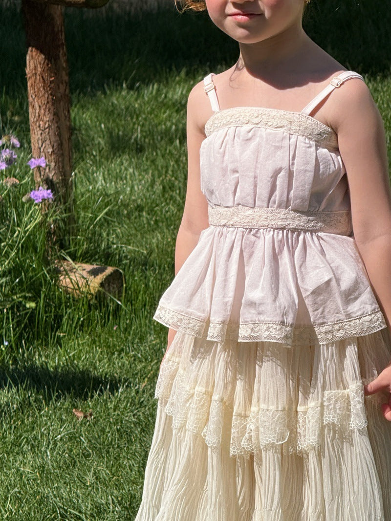 French Lace Patchwork Pleated Chiffon Skirt Set レトロ キャミソール スカート【mh0013254】