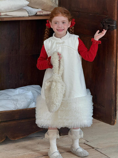 ノースリーブワンピース チュールフリルスカート フリース チャイナドレス【mh0011766】