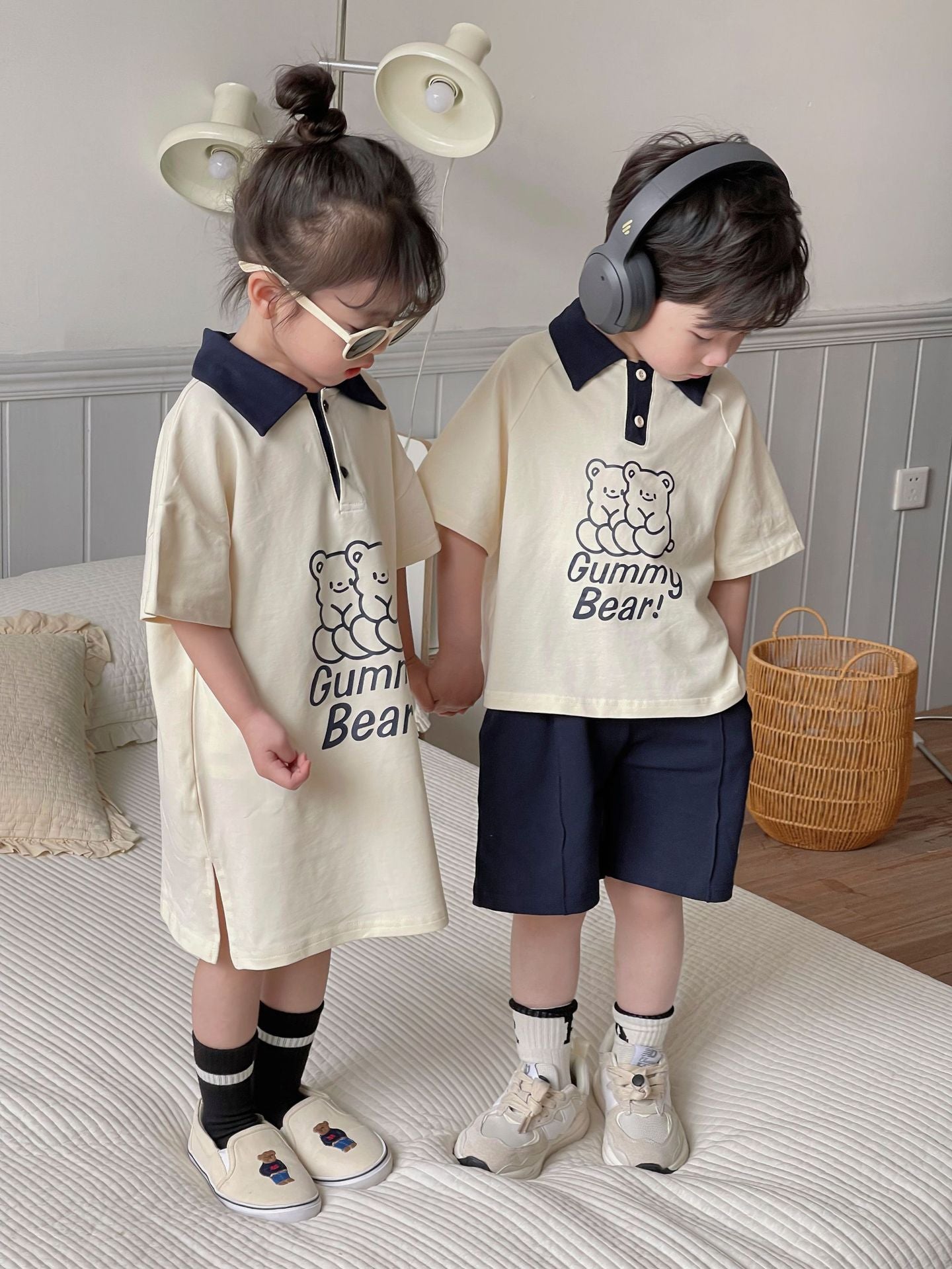 Polo de manga corta con estampado de osos para niños, pantalones cortos y vestido [mh0001950]