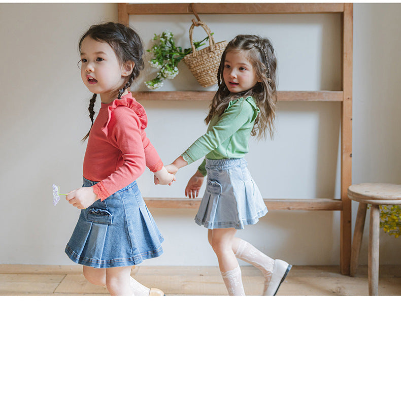 -プリーツフリルポケットデニムスカート イージーウエストミニスカート【mh0010828】 - mamahalo shop - スカート -  べビー服 - 子供服 - 男の子 - 女の子