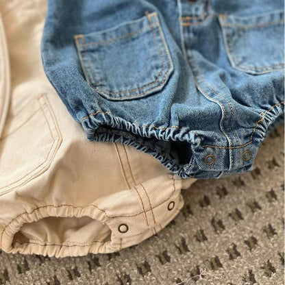 -ベビーロンパース デニムオーバーオール サスペンダーボディスーツ フロントボタン 2カラー【mh0006070】 - mamahalo shop - ノースリーブロンパース -  べビー服 - 子供服 - 男の子 - 女の子