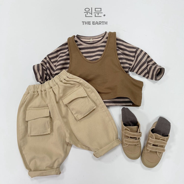 Pantalón largo suelto cargo de niño con bolsillos y solapa 【mh0013944】
