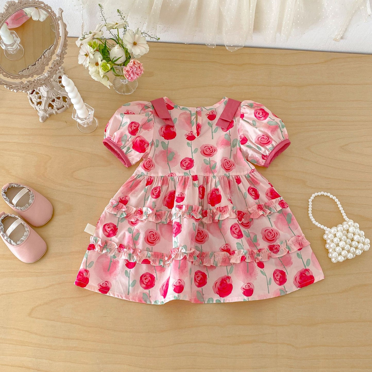 Kids' Floral Print Ribbon Puff-Sleeve Short-Sleeve Dress [mh0013853]