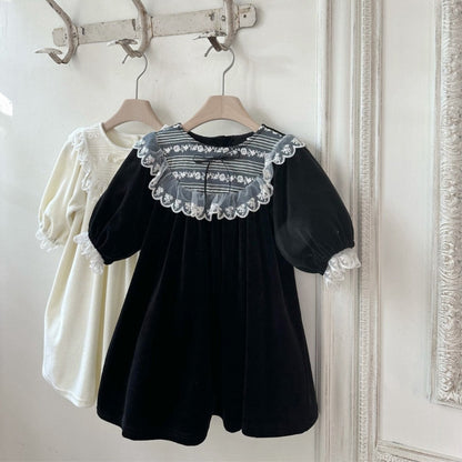 長袖ワンピース ベロア レースリボン パフスリーブ ドレス フォーマル【mh0011635】