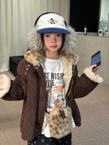 Chaqueta de antelina con cuello de pelo de leopardo y pantalones largos de lunares para niños y jóvenes 【mh0014693】