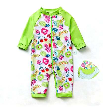 One-Piece Surf Wear With Matching Cap プリント 長袖水着 帽子セット【mh0013315】