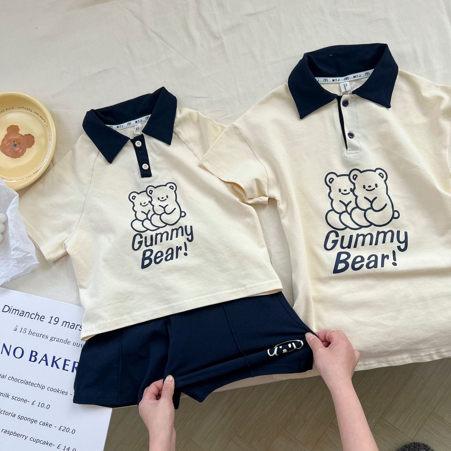 Polo de manga corta con estampado de osos para niños, pantalones cortos y vestido [mh0001950]