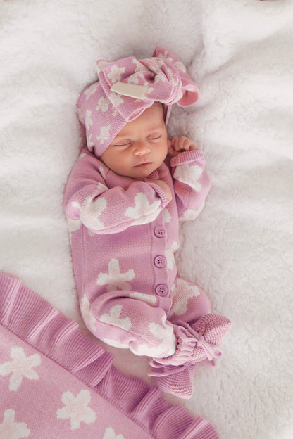 長袖ニットロンパース 花柄 ジャカードニット ジャンプスーツ ヘアバンド【mh0011856】