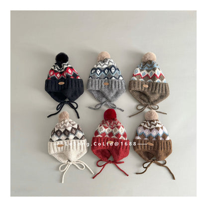 キッズ ニット帽 ノルディック柄 耳当て付き ボンボン 韓国風【mh0011593】