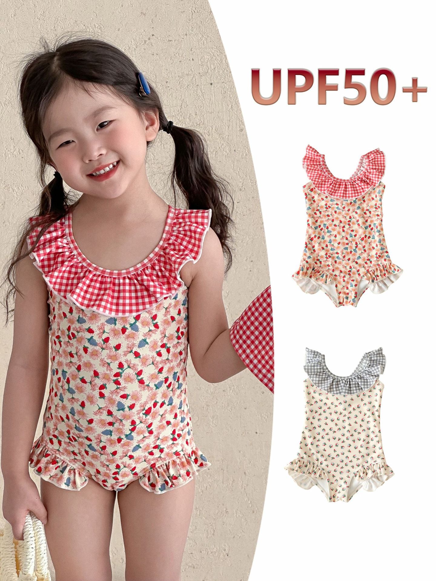 UPF50 Plus Floral Gingham Ruffled One-piece 花柄 ギンガムチェック 水着【mh0012599】