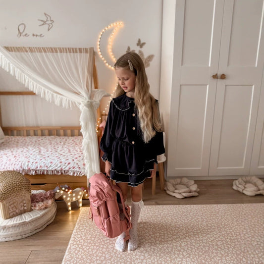 Kids' Piping Mellow Ruffle Long-Sleeve Blouse + Skirt Set【mh0014758】