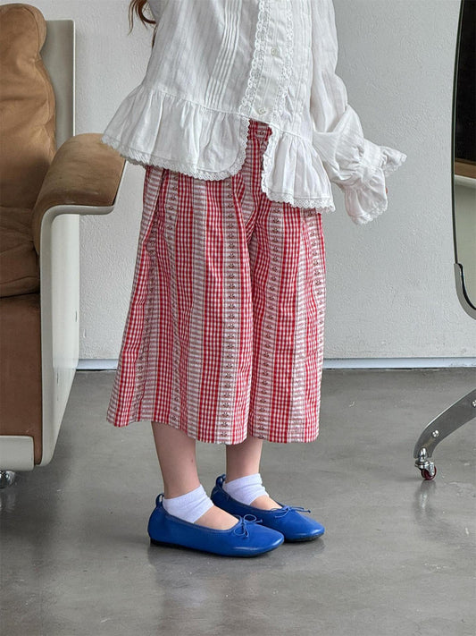 Floral Embroidered Gingham Plaid Capri Pants