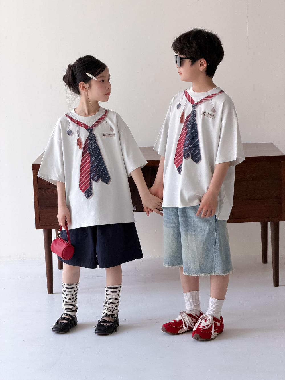 Faux Tie Printed Loose Tee ネクタイ 半袖Tシャツ【mh0013533】