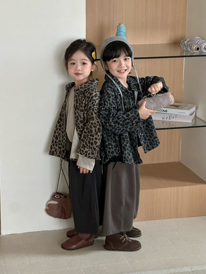 キッズ レオパード柄 ルーズ長袖ジャケット、ベージュ系（軽やかな羽織）