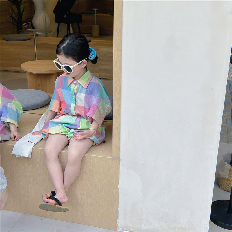 Kids' Checkered Short-Sleeved Shirt, Shorts, and Balloon Pants Set [mh0001742]