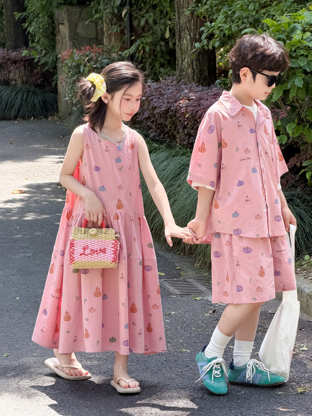 Pumpkin Mixed Vegetable Print Set Dress ベジタブル 半袖シャツ ハーフパンツ ノースリーブワンピース【mh0013527】
