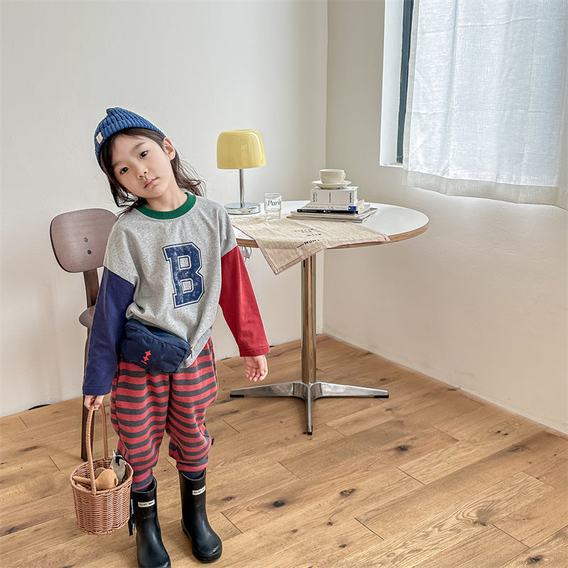 Kids Tops Long Sleeve T-Shirt Patchwork Letter Logo Print 2 Colors