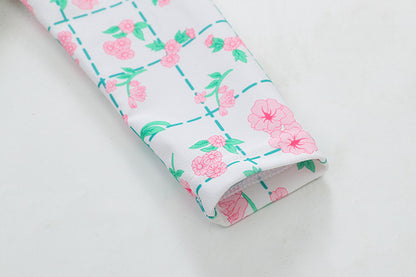 -キッズ 水着 長袖 ワンピース フリル フラワー 花柄 チェック スイムウェア 帽子 セット ガールズ【mh0001992】 - mamahalo shop - ベビー用水着 -  べビー服 - 子供服 - 男の子 - 女の子