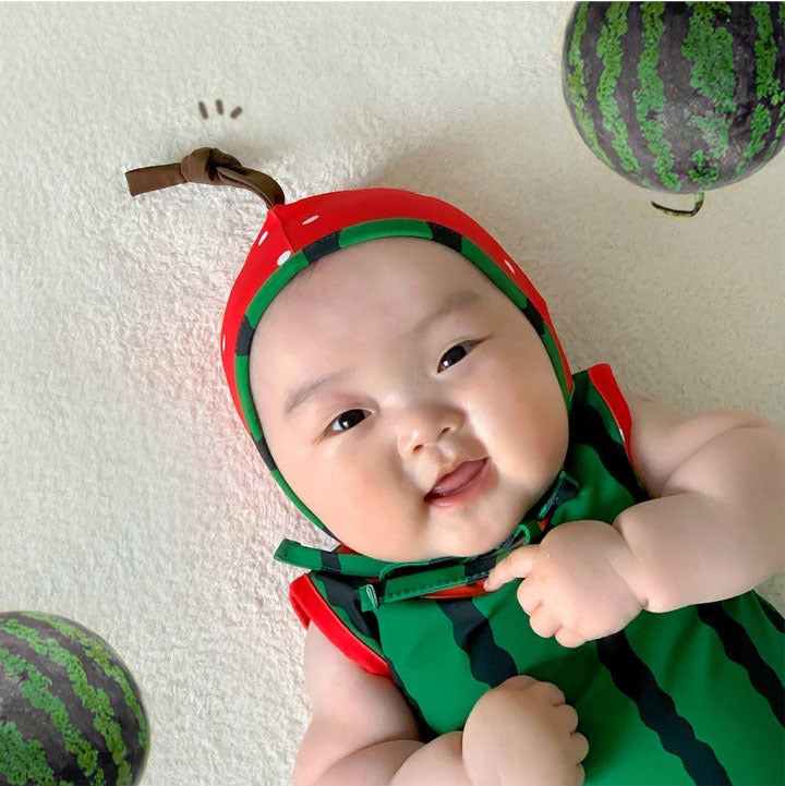 Watermelon Strawberry Fruit Motif One-Piece Swimsuit With Hat スイカ いちご ベビー ワンピース水着【mh0013377】
