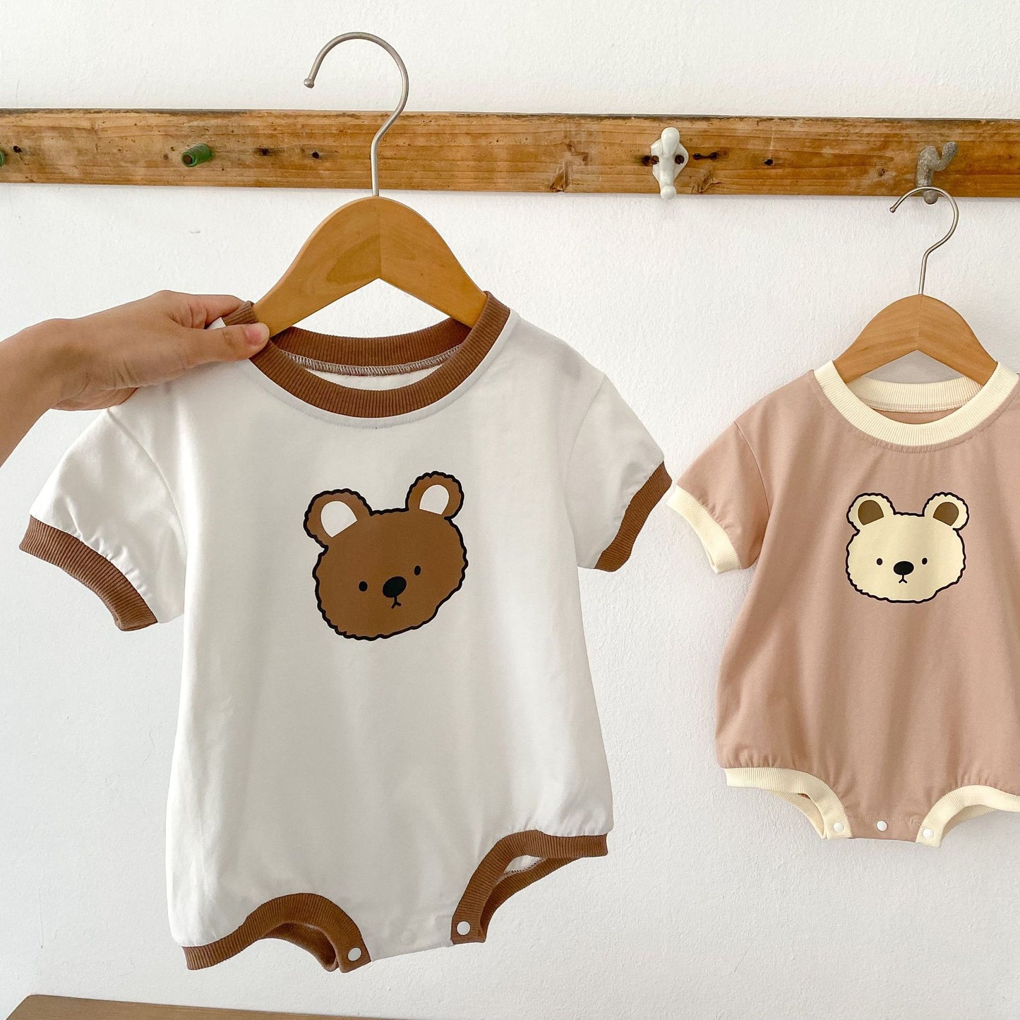 Baby Bear Print Bicolor Piping Short Sleeve Romper [mh0001860]