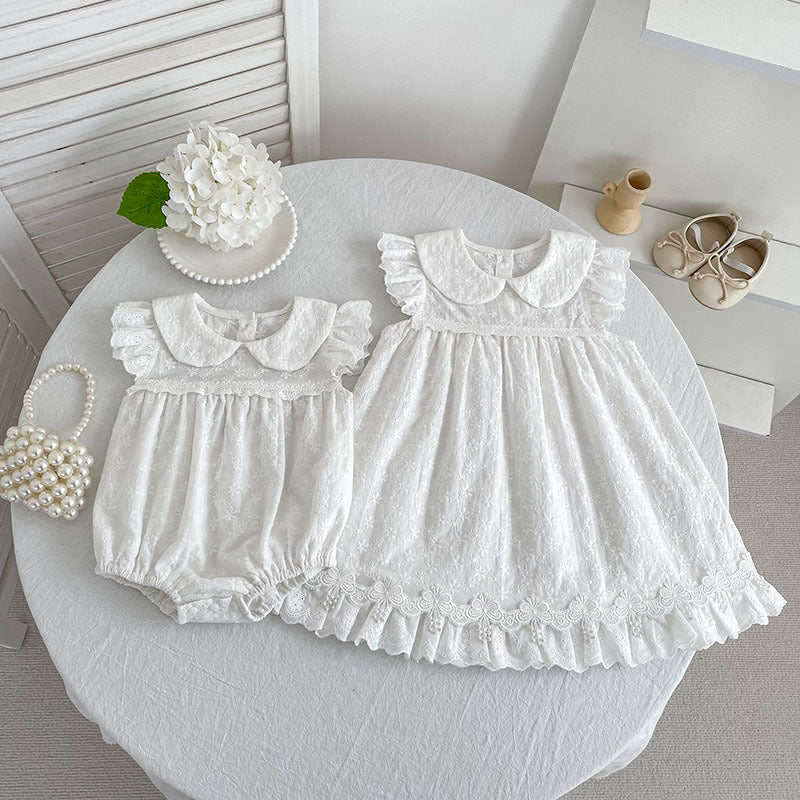 Lace Trim Doll Collar Romper Dress ラッフル ロンパース ミモレ丈ワンピース【mh0013160】