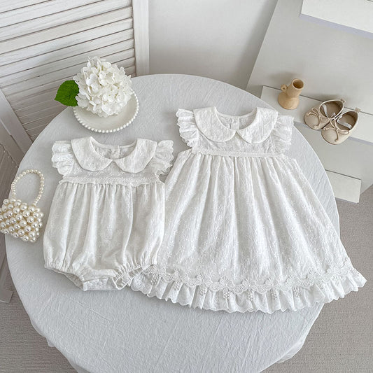 Lace Trim Doll Collar Romper Dress Ruffle Romper Midi Dress [mh0013160]
