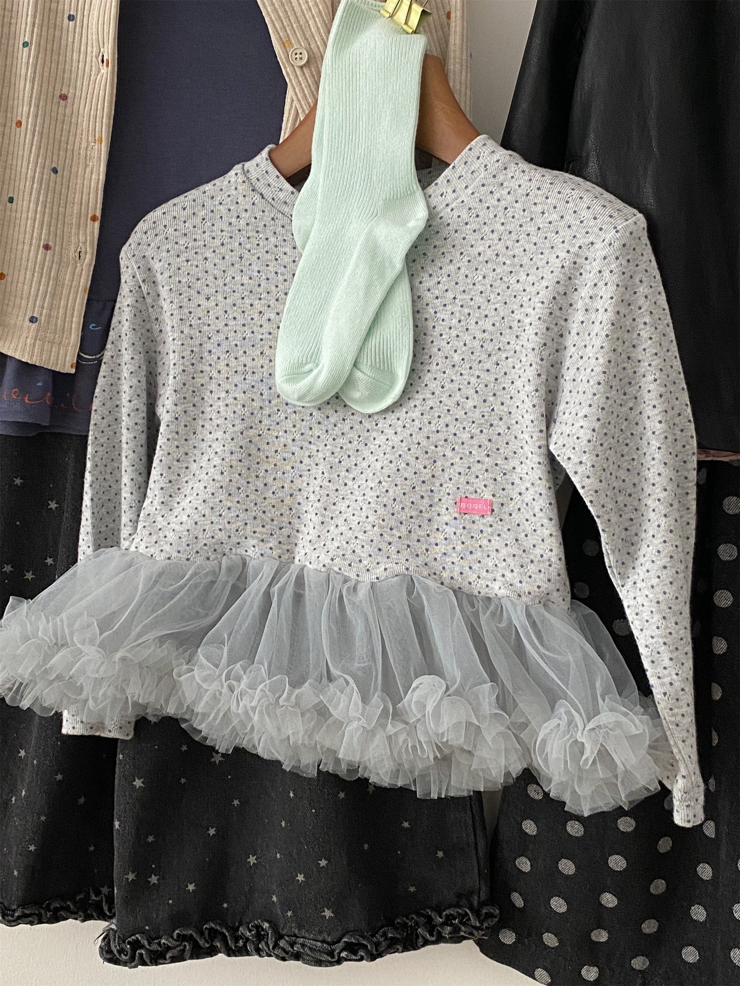 Camiseta de manga larga de tul con lunares para niños 【mh0014218】