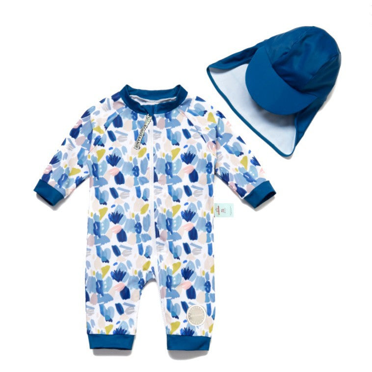 One-Piece Surf Wear With Matching Cap プリント 長袖水着 帽子セット【mh0013315】