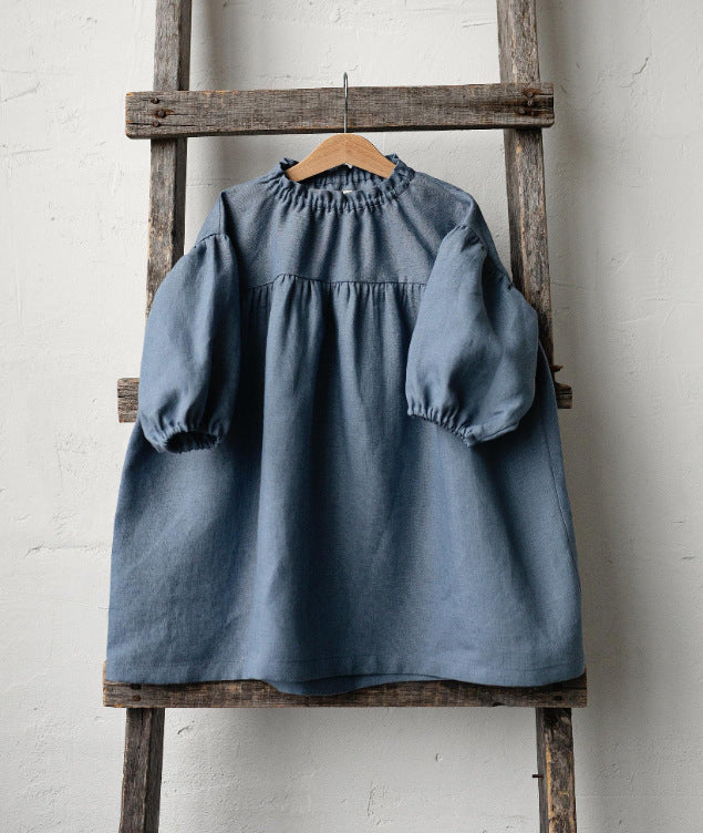 Kids' Sailor Collar Detachable Puff Sleeve Linen A-Line Long-Sleeved Dress [mh0013876]