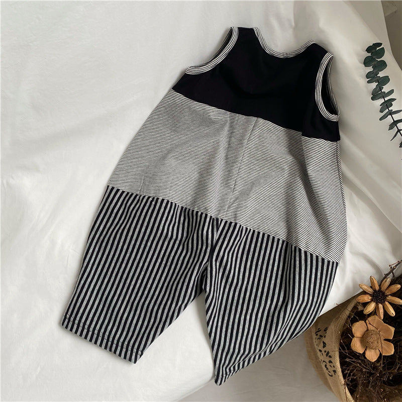 Striped Sleeveless Jumpsuit パッチワーク ノースリーブオールインワン【mh0013635】